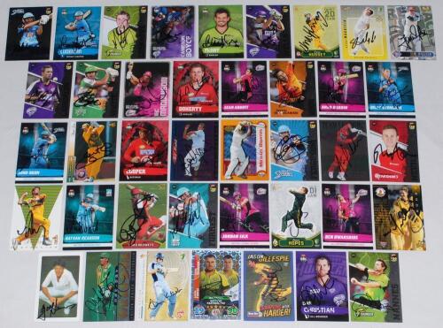 Australian signed trade cards early 1980s onwards. A good selection of forty trade cards, each signed by the featured player. Signatures include Lawson, Langer, Katich, Warner, Gillespie, Nannes, Fleming, Blewett, Moody, Law, Reiffel, Siddons, White, Madd
