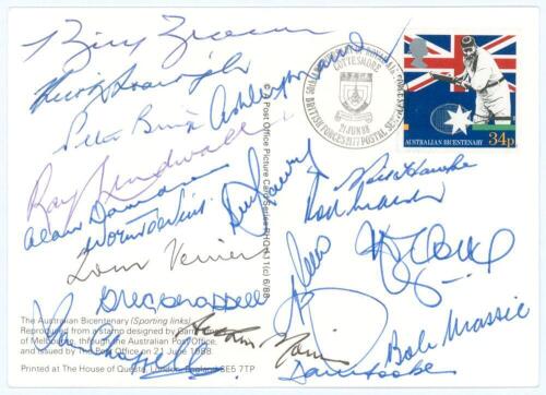 &lsquo;Australian Bicentenary&rsquo; postcard 1988. Post Office Picture Card Series of the 34p stamp, signed to back by eighteen Australian cricketers, Bill Brown, Keith Stackpole, Peter Burge, Ashley Mallett, Ray Lindwall, Alan Davidson, Norm O&rsquo;Neill, Tom Veivers, G