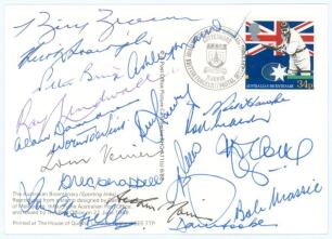 ‘Australian Bicentenary’ postcard 1988. Post Office Picture Card Series of the 34p stamp, signed to back by eighteen Australian cricketers, Bill Brown, Keith Stackpole, Peter Burge, Ashley Mallett, Ray Lindwall, Alan Davidson, Norm O’Neill, Tom Veivers, G