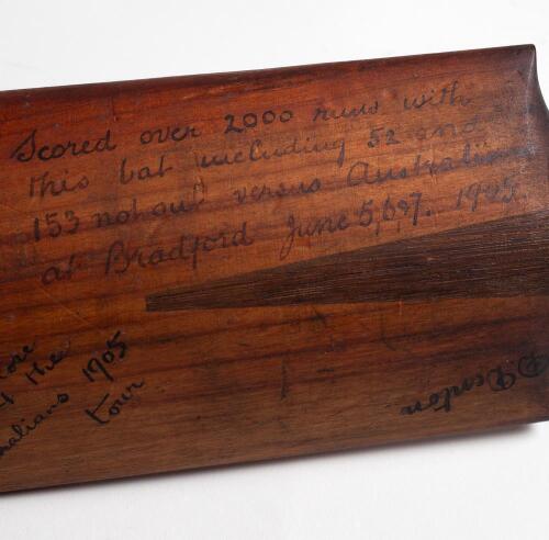 David Denton. Yorkshire & England 1894-1920. Stuart Surridge &lsquo;Rapid Driver&rsquo; cricket bat used by Denton in the 1905 cricket season scoring over 2405 runs, becoming one of Wisden&rsquo;s &lsquo;Five Cricketers of the Year&rsquo; [Wisden 1906], and making 52 and 153 not out 