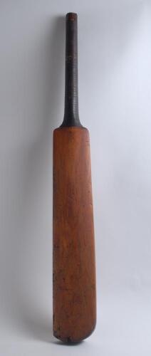 A Durtnall ‘Skyscraper’ bat c.1795. Early one-piece cricket bat with plain convex face and ridged back, bound handle, measuring 35” long and weighing 2lbs 8 oz. The unspliced bat was made for a right handed batsman. The top of the handle impressed with ‘H