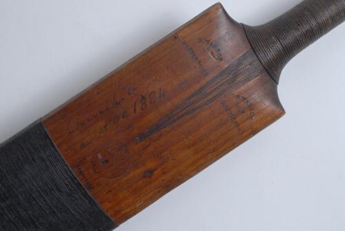 A Benjamin Warsop bat of 1884. ‘Rev. W.H. Churchill’s Warsop Conqueror’. Impressed to the face on each shoulder, ‘B. Warsop, Marylebone’. Below the splice, the impressed mark in circular motif of ‘B. Warsop Conqueror Patent Spring Handle Trade Mark’ and b