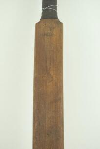 ‘A Warsop Triangular Bat circa 1890’. A triangular practice cricket bat made by Benjamin Warsop of St. John’s Wood, London. The triangular shaped bat’s blade is only 2.5” in width and has ‘B. Warsop, Marylebone’ stamped across the splice and below a faded