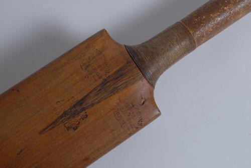 A Dark & Sons bat with a ‘Cork Cased’ handle 1900. The bat by Dark & Sons of Lord’s Cricket Ground with impressed marks to front shoulders, ‘Dark & Sons Patent Cork Handle Lord’s’, and, across the splice ‘Dark’s Patent (No. 7842) Cork-Cased Handle’. To th