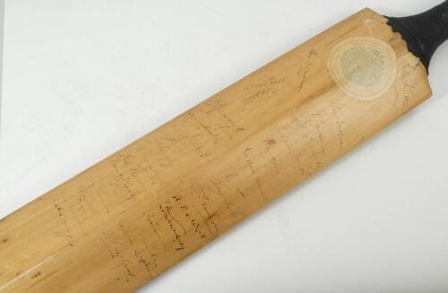 England v Australia, Headingley 1953. Stuart Surridge &lsquo;Herbert Sutcliffe Autograph&rsquo; size 6 cricket bat signed to the back of the bat by both teams plus Don Bradman and other England players. Thirty one signatures in total including Hassett, Miller, Harvey