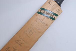 England v Australia 1972. Slazenger cricket bat signed to the face by ten of the England and seventeen members of the Australian teams. Signatures include Illingworth, Edrich, Snow, Greig, Parfitt, Hampshire, Old, Arnold, I. Chappell, Stackpole, Lillee, W