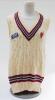 Somerset white 1st XI sleeveless sweater with trimming to collar and waist in club colours, Somerset emblem and sponsors logo ‘Ecar Insurance’ to chest. Size 44”. Player unknown. Good condition