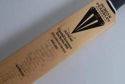 England v Australia 1989. Duncan Fearnley ‘Supreme’ cricket bat signed to the face by twelve of the England and seventeen members of the Australian teams. Signatures include Gower, Russell, Gooch, Broad, Dilley, Lamb, Smith, Foster, Jarvis, Border, Marsh,