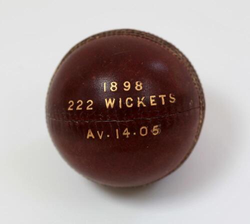 John Thomas ‘Jack’ Hearne. Middlesex & England 1888-1923. Cricket ball presented to Jack Hearne following his highly successful cricket season in 1896 where he finished top of the bowling average for the season. The ‘Cobbett ‘Best Match’ cricket ball with