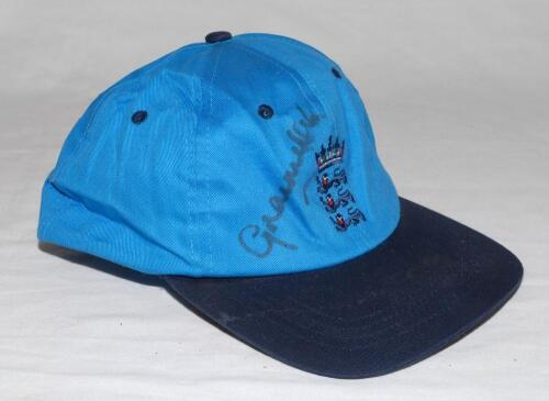 Graeme Hick, Worcestershire & England. England one day International baseball style cap in sky blue with navy blue peak. Sponsor/ maker’s emblem to side, with embroidered three lions and crown emblem of England to front. The cap match worn and signed by H