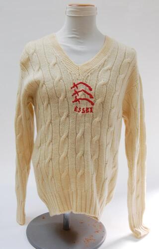 Graham Gooch. Essex & England 1973-2000. Essex white 1st XI long sleeved sweater worn by Gooch during his career. With Essex emblem and ‘Essex’ below in red embroidery to centre of chest. Initials ‘G.G.’ handwritten to label at neck. Size 42”. Previously 