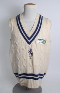 Kent white 2nd XI sleeveless sweater, by Allez, with trimming to collar and waist in club colours, Kent emblem to centre and sponsors logo ‘Holsten’ to chest. Size 46”. Player unknown. Good condition