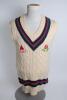 Lancashire white 1st XI sleeveless sweater, by Luke Ayres, with trimming to collar and waist in club colours, Lancashire emblem and sponsors logo ‘Bass’ to chest. Size 40”. Player unknown. Good condition