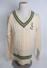 Nottinghamshire white 1st XI long sleeved sweater, by Eyreknit, with trimming to collar and waist in club colours, Nottinghamshire emblem of a stag to chest. Size 46”. This appears to be a 1960’s sweater. Player unknown. Good condition