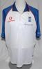 Graeme Hick, Worcestershire & England. England short sleeve white Test shirt with blue sleeves, red trim by ‘asics’, with embroidered three lions and crown emblem of England to chest. Size XL. Vodafone sponsor’s logo to chest and back. The shirt match wor