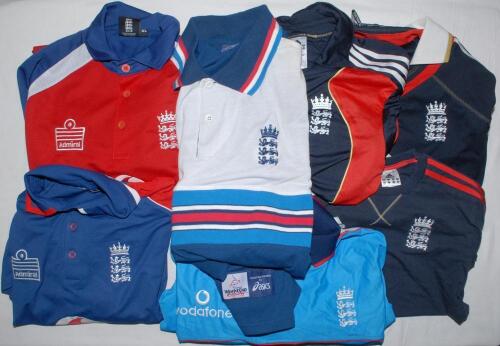 England international cricket shirts. Seven official replica England one day international shirts including World Cup ‘99, and T-20 international shirts. All with three lions and crown emblem, sponsors’ logos etc. Various sizes, XL, M and one child’s. Goo