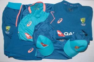 The Ashes. Australia tour to England 2023. An excellent selection of original training clothing in blue/ green colours, some with pink trim, issued by Cricket Australia to members of the Australian touring party, worn on the 2023 tour to England. All item