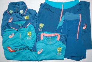 The Ashes. Australia tour to England 2023. An excellent selection of original training clothing in blue/ green colours, some with pink trim, issued by Cricket Australia to members of the Australian touring party, worn on the 2023 tour to England. All item