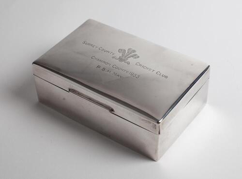 Peter Barker Howard May, Surrey & England 1950-1963. Large and impressive silver cigarette box presented to Peter May following the club’s County Championship winning season of 1953. The case, with inner wood lining, engraved ‘Prince of Wales feathers’ cl