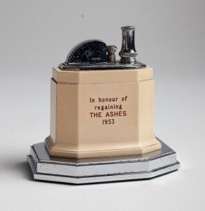 Graham Anthony Richard ‘Tony’ Lock. Surrey, Leicestershire, Western Australia & England 1946-1971. ‘In Honour of Regaining the Ashes 1953’. Ronson ‘Touch-Tip’ metal table lighter with ‘Ashes’ inscription to one side, ‘In Honour of Regaining the Ashes 1953