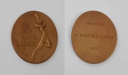 Kenneth Shuttleworth. Lancashire, Leicestershire & England 1964-1980. John Player League ‘Winners’ 1977. Bronze metal medal presented to Shuttleworth as a member of the Leicestershire winning team. The medal with image of a bowler and title ‘John Player L