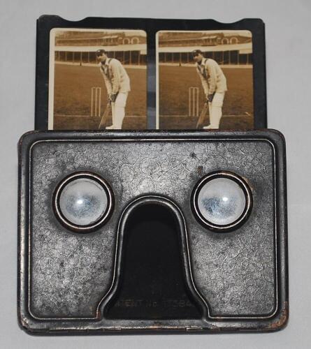 Original ‘Camera Scope’ black metal folding stereoscopic viewer. Patent number 173849. Circa 1930s. Includes two stereoscopic photographs of Jack Hobbs in batting poses ‘The Stance’ and ‘Playing Back’ for use in the viewer, each with two images of Hobbs b