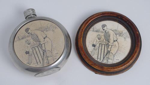 Cricket hip flask. Circular pewter hip flask with cricket scene to centre of batsman and wicketkeeper at the wicket, monogram ‘H.H.’. Sheffield. Sold with a small circular wooden framed wall plaque with similar image to the centre. 4” diameter. Qty 2. Goo