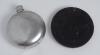 Cricket hip flask. Circular pewter hip flask with cricket scene to centre of batsman and wicketkeeper at the wicket, monogram ‘H.H.’. Sheffield. Sold with a small circular wooden framed wall plaque with similar image to the centre. 4” diameter. Qty 2. Goo - 2