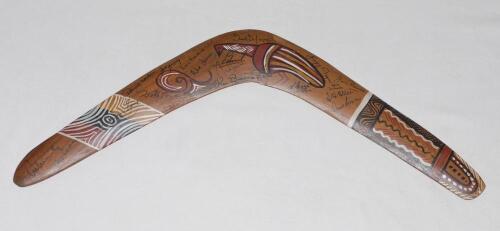 M.C.C. tour of Australia 1965/66. Large decorated Australian boomerang signed by seventeen members of the M.C.C. team including Cowdrey, Barrington, Edrich, Allen, Boycott, M.J.K. Smith, Larter, Knight, Parks etc. Approx 21” long. Very good condition.