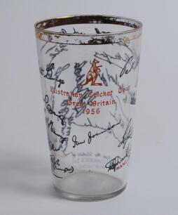 ‘Australia 1956. Rare commemorative glass one pint glass produced to commemorate the Australian tour of England in 1956. With ‘Australian Cricket Tour Great Britain 1956’ in red below a Kangaroo in brown, gold lustre to rim. In blue around the glass are t