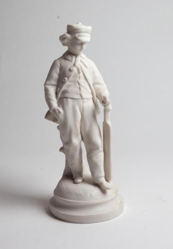 ‘Boy Cricketer’. Excellent Parian ware figure of a boy cricketer resting against a tree stump holding a cricket bat to left hand. The figure is of a very high quality and with exceptionally good detailing. Approximately 11” tall. Circa 1860’s. A rare figu