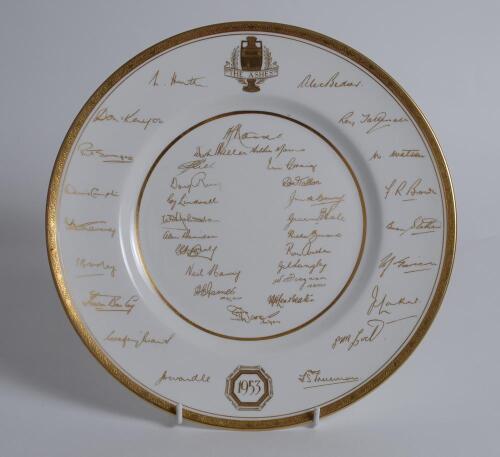 The Ashes’ England v Australia 1953. Magnificent Royal Worcester bone china plate produced by the factory to commemorate the Ashes series in England 1953. The plate bears the printed signatures in gold of the England and the Australian touring teams plus 