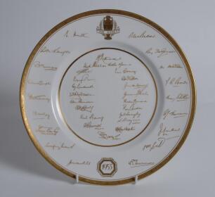 The Ashes’ England v Australia 1953. Magnificent Royal Worcester bone china plate produced by the factory to commemorate the Ashes series in England 1953. The plate bears the printed signatures in gold of the England and the Australian touring teams plus 