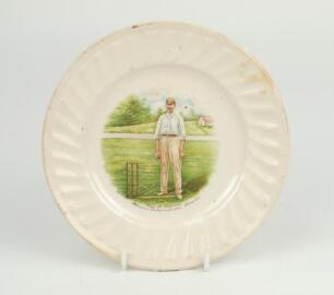 Sydney Francis Barnes, Warwickshire, Lancashire, Staffordshire, England & Wales 1894-1930. A pair of commemorative side plates with colour transfer printed vignette of Barnes wearing cap, stood at the wicket with ball in his hand and in bowling pose next 