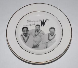 ‘Celebrating the 3 W’s’. Dinner plate with transfer image of Frank Worrell, Cylde Walcott and Everton Weekes with facsimile signatures and title. Gold lustre to rim. Registration mark to underside, ‘100’. Maker unknown. 10” diameter. Very good condition.