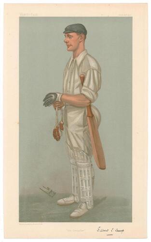 Gilbert Laird Jessop, Gloucestershire & England 1894-1914. Signed Vanity Fair colour chromolithograph of Jessop. ‘The Croucher’. July 25th 1901 by SPY. Very nicely signed by Jessop in black ink to lower right border. Good condition. Rare in this signed fo