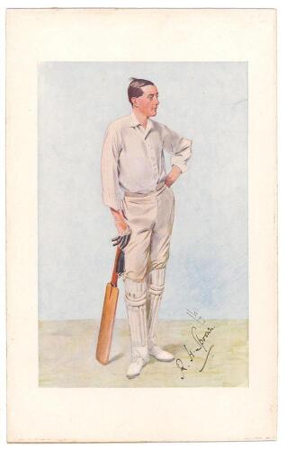 Reginald Herbert Spooner. Lancashire & England 1899-1921. Signed Vanity Fair colour chromolithograph of Spooner. ‘Reggie’. July 18th 1906 by SPY. Very nicely signed by Spooner in black ink to lower right hand side of the image. The print laid down to boar