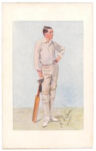 Reginald Herbert Spooner. Lancashire & England 1899-1921. Signed Vanity Fair colour chromolithograph of Spooner. ‘Reggie’. July 18th 1906 by SPY. Very nicely signed by Spooner in black ink to lower right hand side of the image. The print laid down to boar