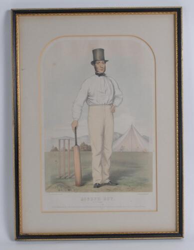 Joseph Guy. Nottinghamshire 1837-1854. ‘Joseph Guy of Nottingham’. Early large hand coloured tinted lithograph of Joseph Guy in cricket attire and top hat holding a cricket bat to his right hand side. John Corbett Anderson. Published by John Corbett Ander