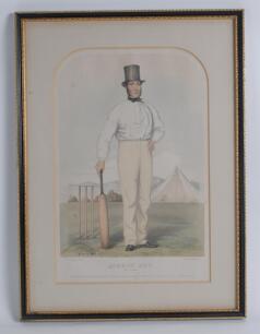 Joseph Guy. Nottinghamshire 1837-1854. ‘Joseph Guy of Nottingham’. Early large hand coloured tinted lithograph of Joseph Guy in cricket attire and top hat holding a cricket bat to his right hand side. John Corbett Anderson. Published by John Corbett Ander