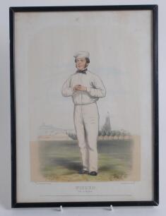 John Wisden. Sussex, Kent & Middlesex 1845-1863. ‘Wisden. Born at Brighton’. Large original lithograph, highlighted with colour, of Wisden full length holding ball, published by John Corbet Anderson and F. Lillywhite on the 1st April 1853 and printed by R