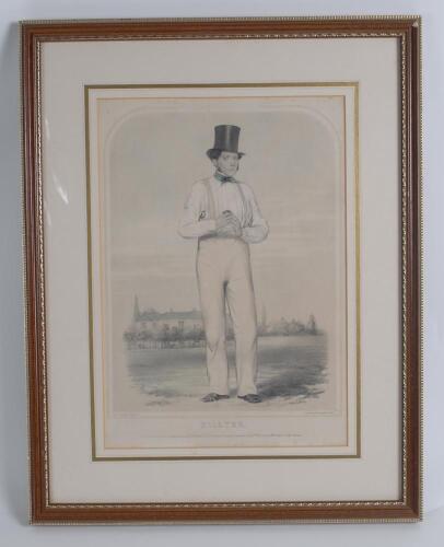 William Hillyer. Kent & All England 1835-1853. ‘Hillyer’. Sketches at Lord’s No 3. Large original sepia lithograph of Hillyer in cricket attire holding a cricket ball, wearing a top hat with large house and other cricketers to the background. Published by