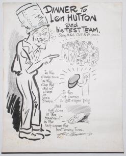 ‘Dinner to Len Hutton and his Test Team. Savoy Hotel. October 30th 1953’. Unique original pen and ink caricature/ cartoon artwork used as the menu cover for the celebratory Dinner given by Claude R. Harper at the Savoy Hotel on the 30th October 1953, high