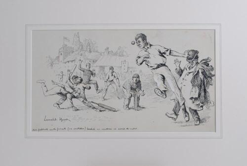 ‘Our football centre forward (no cricketer) headed an overthrow and saved the match’. Original pen and ink drawing of a cricket match in progress with crowd, scoreboard and church to background, by artist Lancelot Speed, circa 1920, signed by artist to lo