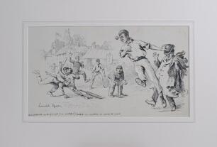 ‘Our football centre forward (no cricketer) headed an overthrow and saved the match’. Original pen and ink drawing of a cricket match in progress with crowd, scoreboard and church to background, by artist Lancelot Speed, circa 1920, signed by artist to lo