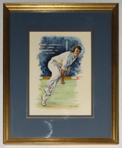 Ian Botham. Three original artworks of Botham from his personal collection. Original watercolour of Botham in bowling action by Roger Harvey, undated, probably c.1980. Approx. 8.5”x12”. Mounted, framed and glazed, overall 15.25”x19”. Head and shoulders po