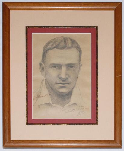 Walter Reginald ‘Wally’ Hammond. Gloucestershire & England 1920-1951. Original pencil sketch portrait of Hammond depicted head and shoulders, signed in pencil by the artist, Juliet Somers and dated 1929, and in ink by Walter Hammond. The artwork measures 