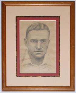 Walter Reginald ‘Wally’ Hammond. Gloucestershire & England 1920-1951. Original pencil sketch portrait of Hammond depicted head and shoulders, signed in pencil by the artist, Juliet Somers and dated 1929, and in ink by Walter Hammond. The artwork measures 