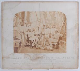 ‘England’s Twelve Champion Cricketers’. Photographed on board ship at Liverpool Sep 7, 1859 by T.H. Hennah (Hennah & Kent, Brighton)’. Early and original sepia photograph of George Parr’s team for the first England overseas cricket tour photographed on th