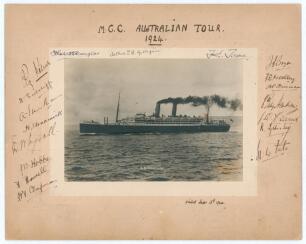 M.C.C. tour of Australia 1924/1925. Original mono real photograph of the S.S. Ormonde, the ship which took the M.C.C. team to Australia in 1924. The photograph, laid down to photographer’s mount, has handwritten title ‘M.C.C. Australian Tour 1924’ to top 